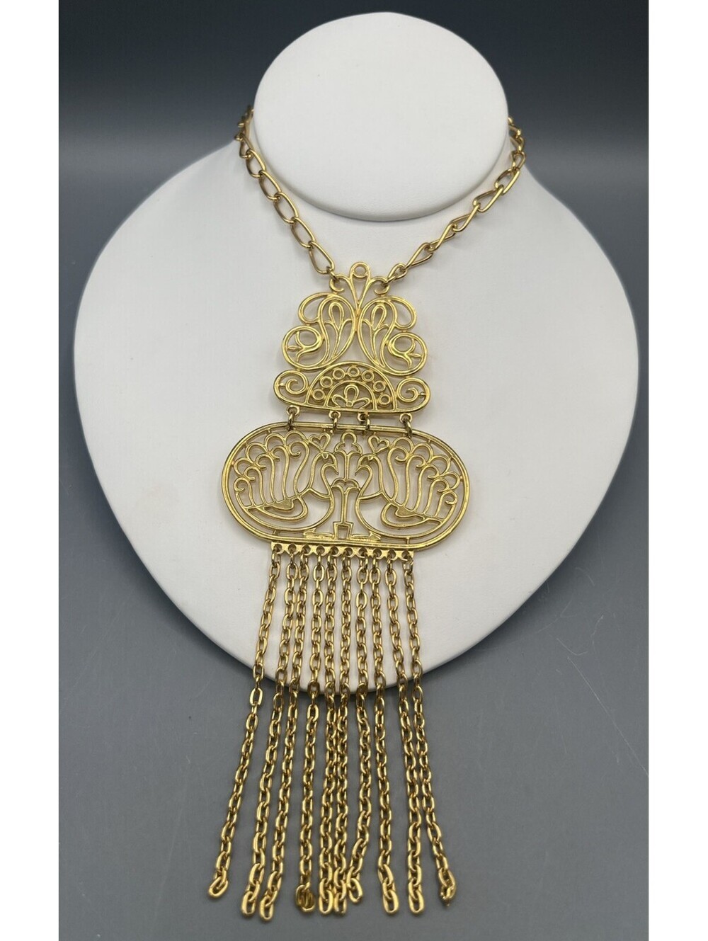 Vintage Trifari Double Peacock Pendant Necklace Gold Tone Chain Fringe